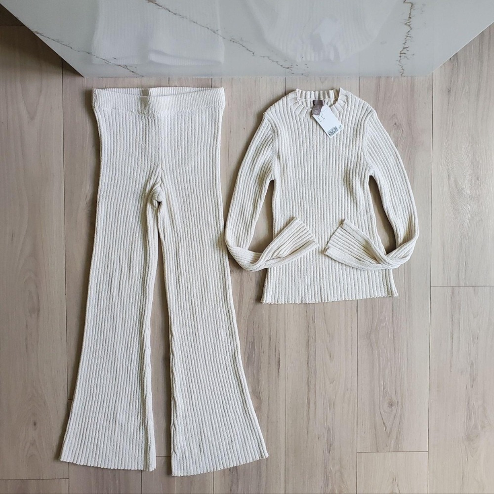 H&M Outfit Set Womens S‎ White Ribbed Knit Sweater Flare Pants 2 Piece Lounge
